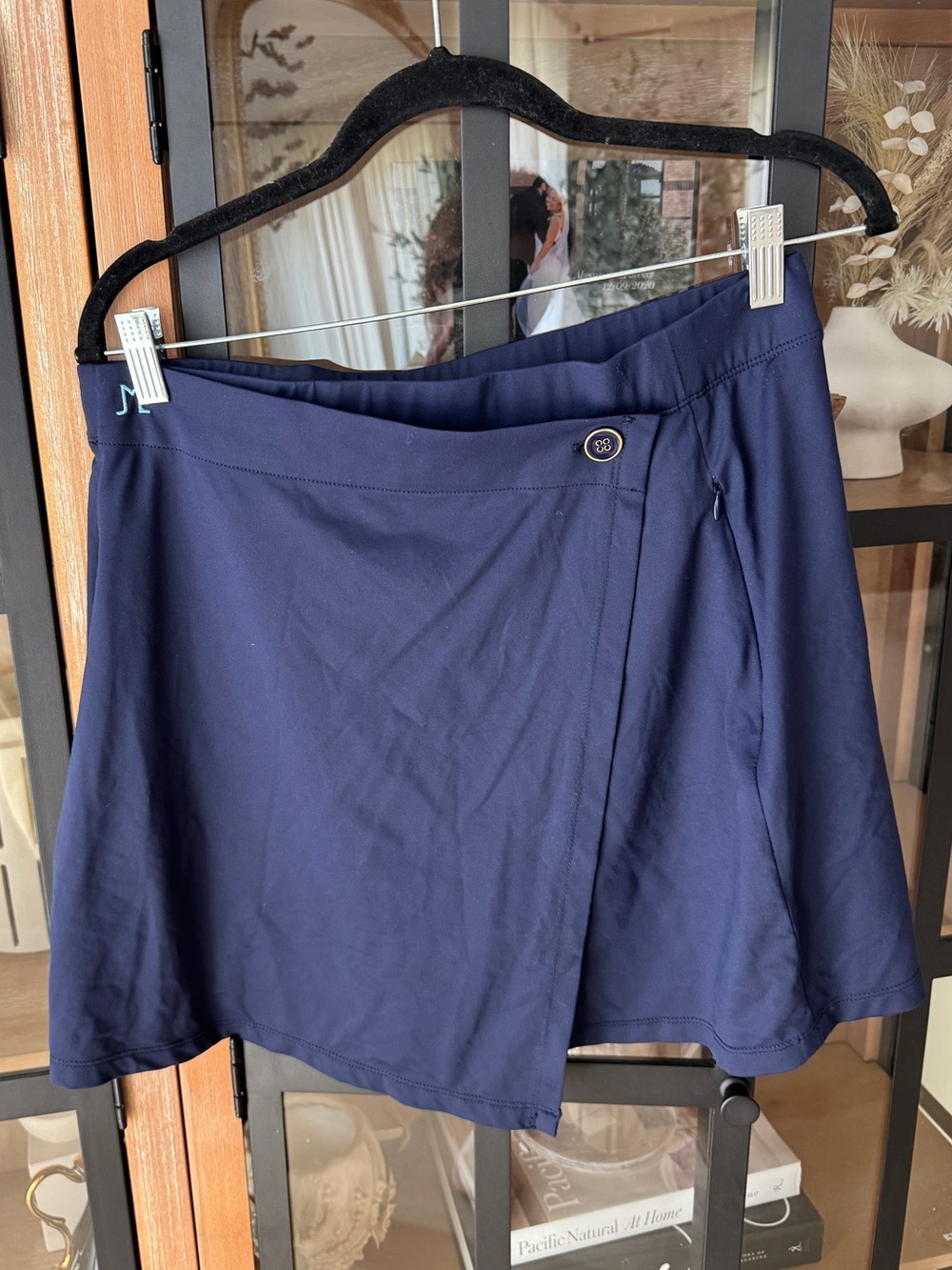 J. McLaughlin wrap skort performance catalina cloth navy skirt high rise button